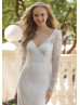 Long Sleeve V Neck Ivory Lace V Back Wedding Dress